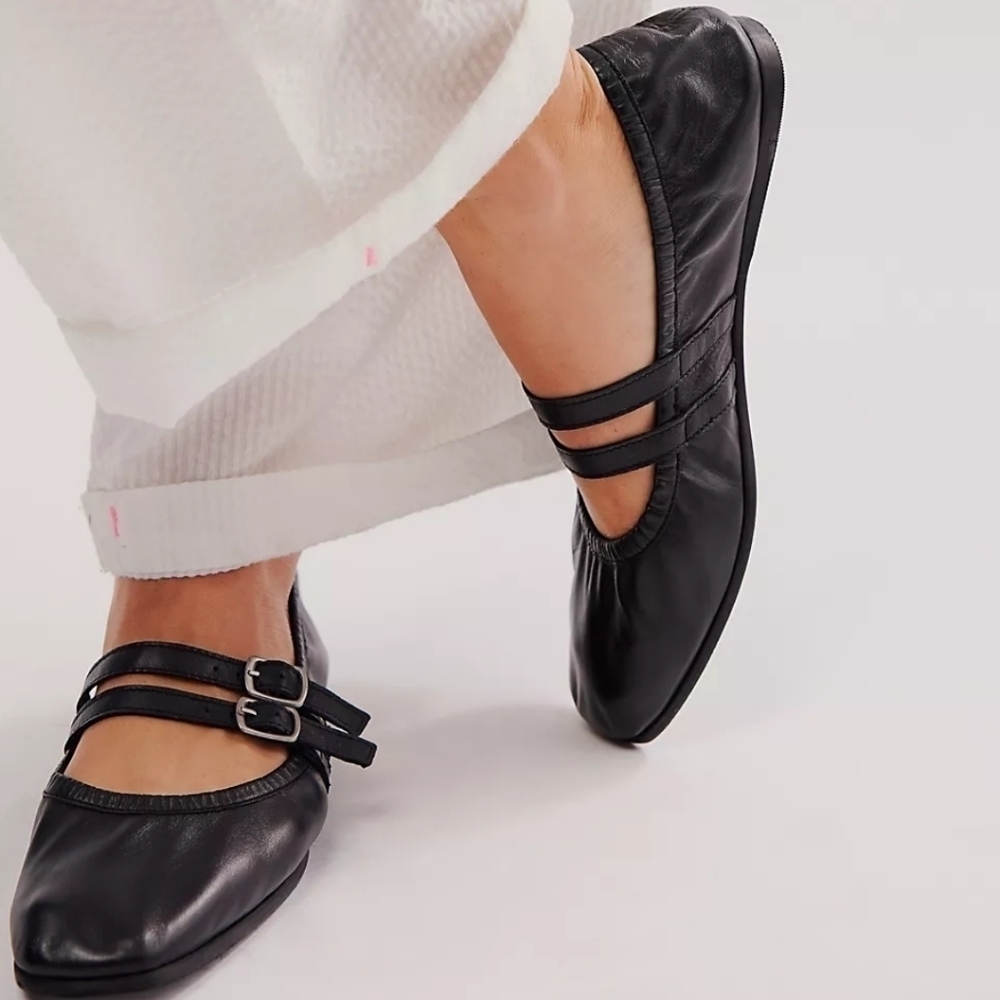 New! Free People Gemini Ballet Flats Black Leather Mary Jane Shoes